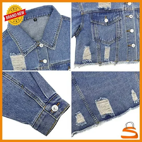 Cropped Denim Jacket Distressed Ripped Frayed Long Sleeve Button Up